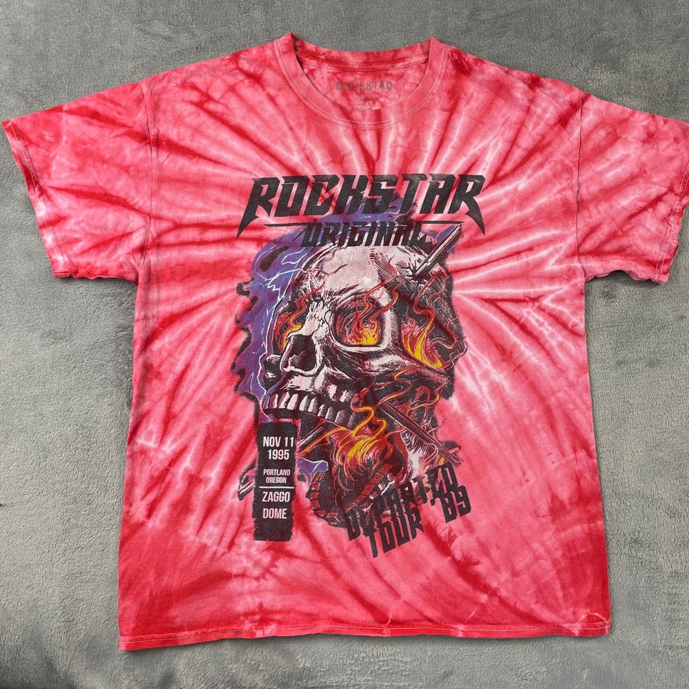 Rockstar Original T-Shirt Mens L Red Tie Dye Skull Graphic Deported Tour 89 USA